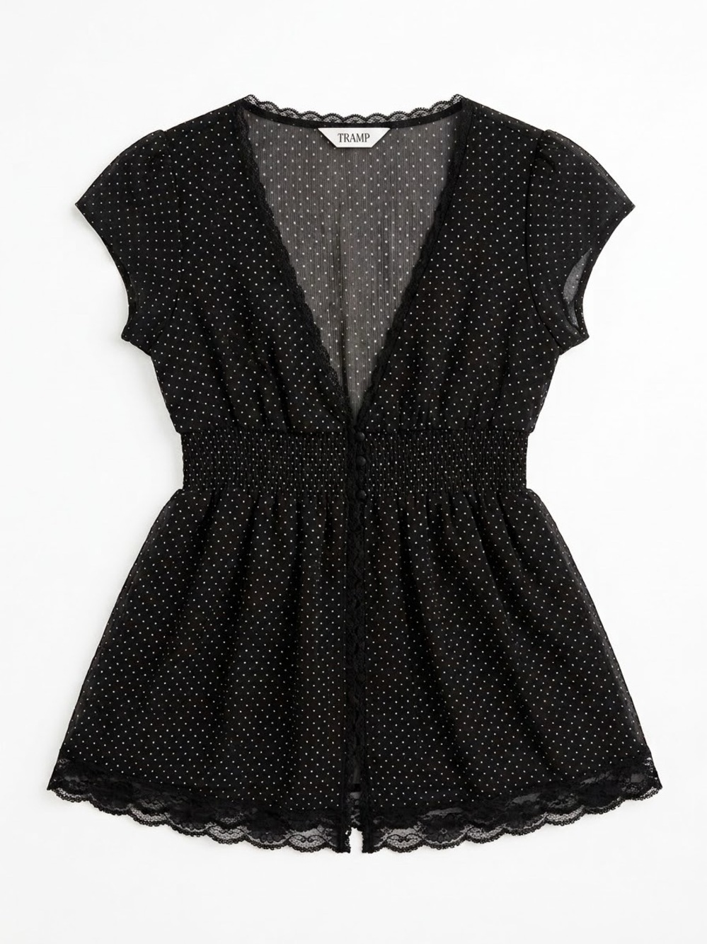 NWT Vintage Tramp 100% Silk Polka Dot Sheer Peplum Top M Y2K Coquette Lace